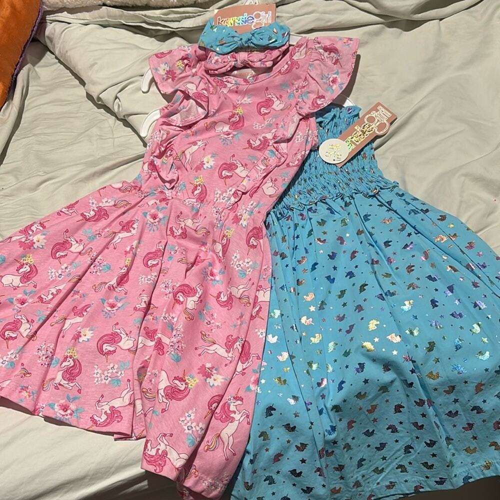 Kensie 8 Pink and Blue Kids' Dresses w/Unicorn & Butterfly Prints scruncies NWT